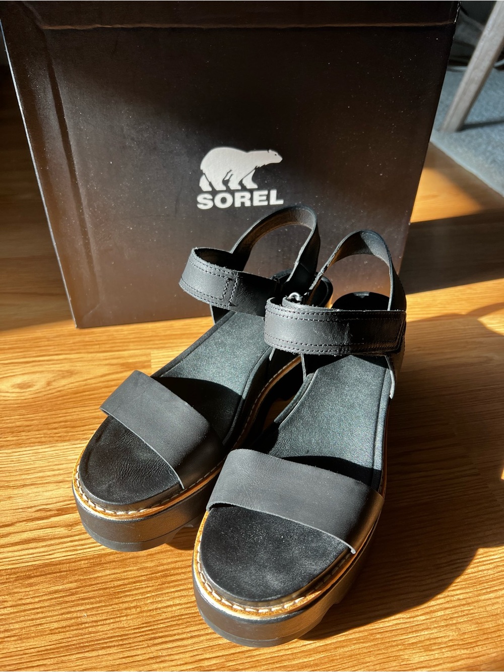 Sorel Joanie Black Platform Sandals with Ankle Strap - Picture 2 of 5